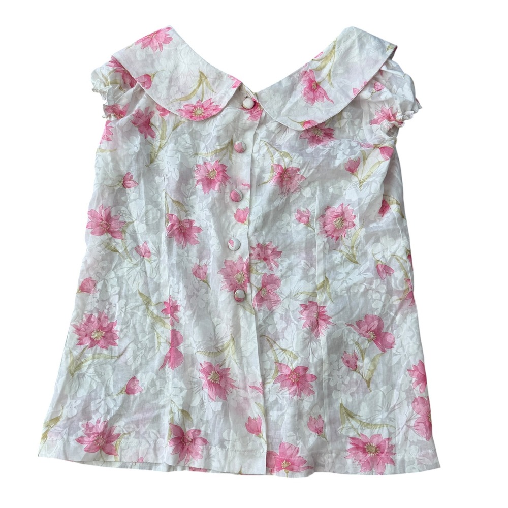 Vintage Floral Sheer Blouse Peter Pan Collar Coquette Prairie Top Pink Medium